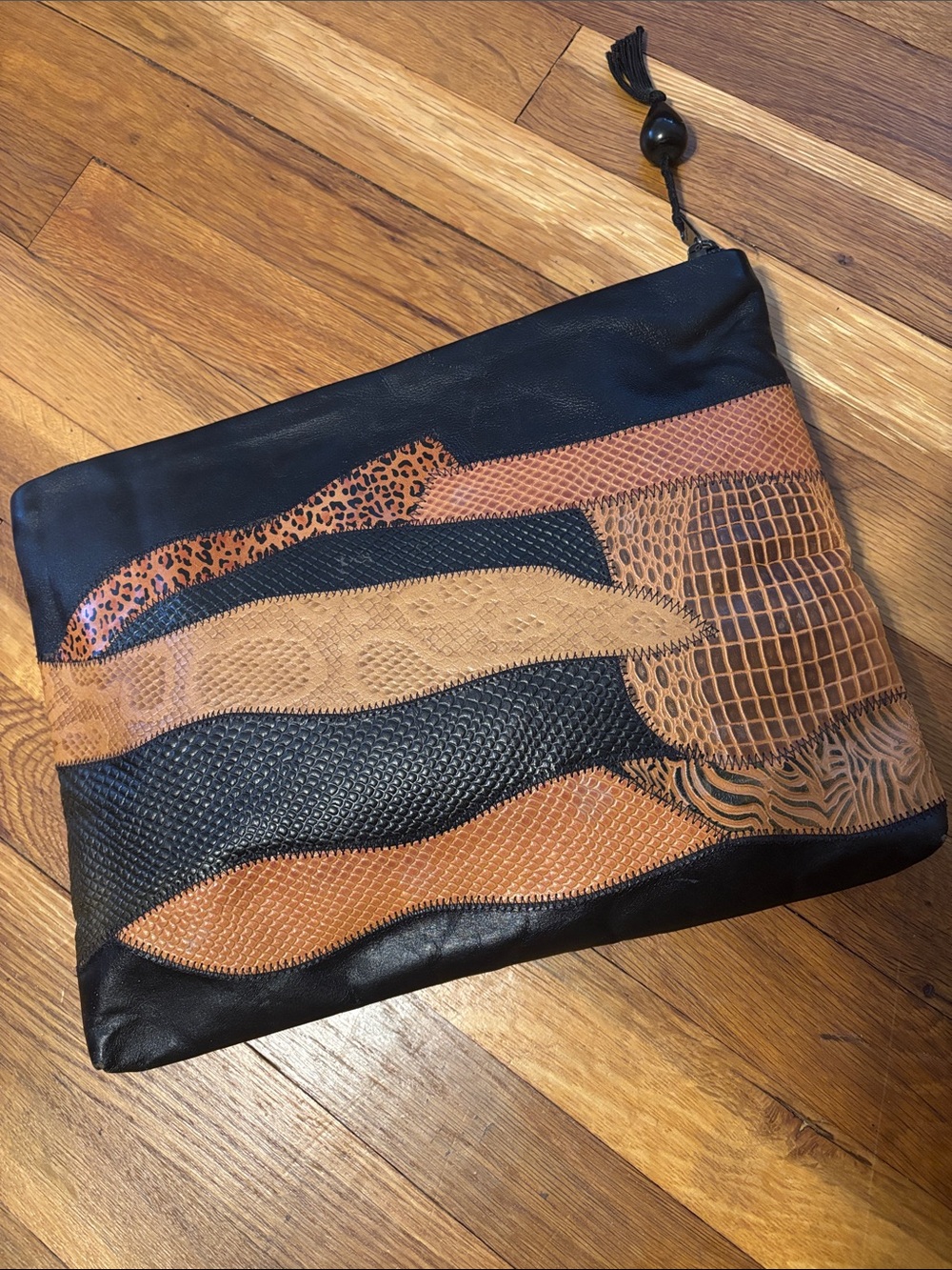Vintage Valerie Patchwork Leather Wristlet Clutch - Black and Brown Purse Bag